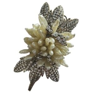 BCBG Maxazria Floral Brooch 5" Cream Pearl Crystal Gemstones Statement Classic